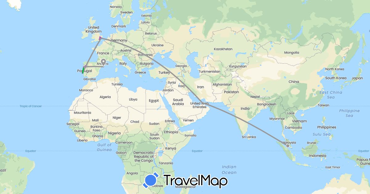 TravelMap itinerary: driving, bus, plane, train in United Arab Emirates, Spain, United Kingdom, Malaysia, Portugal (Asia, Europe)